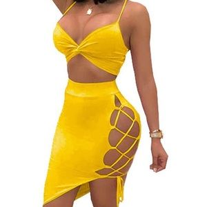 Sleeveless Sexy Club Dresses Two Piece Clubwear Crop Top + Lace Up Skirt Set